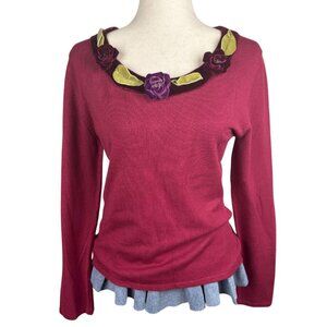 Bonnie and Bill by Holly Red Velvet Floral Trim Sweater Women’s Size Small